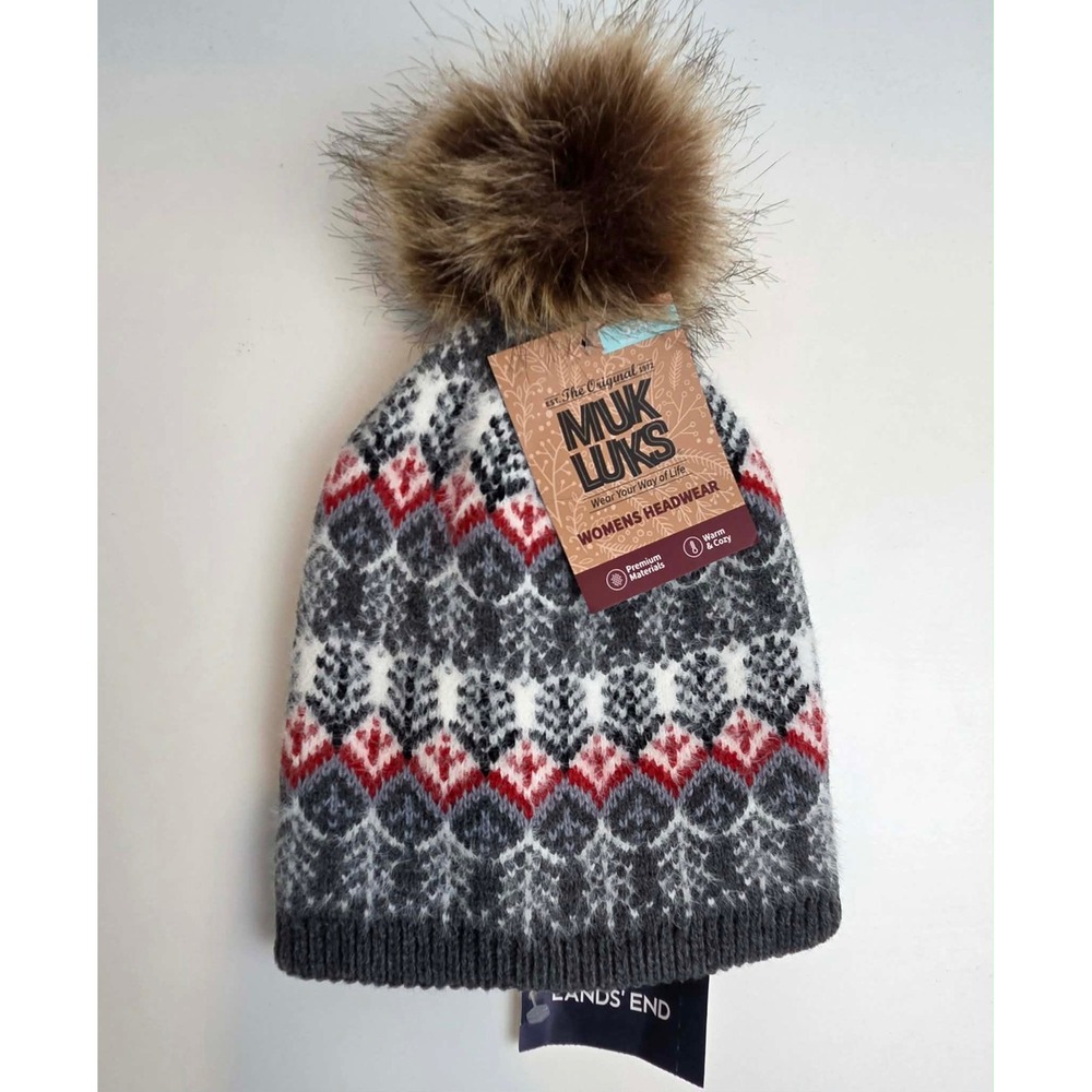 Muk Luks Women Fair Isle Knit Beanie Faux Fur Pom Pom Hat Grey Red Harvest Wheat